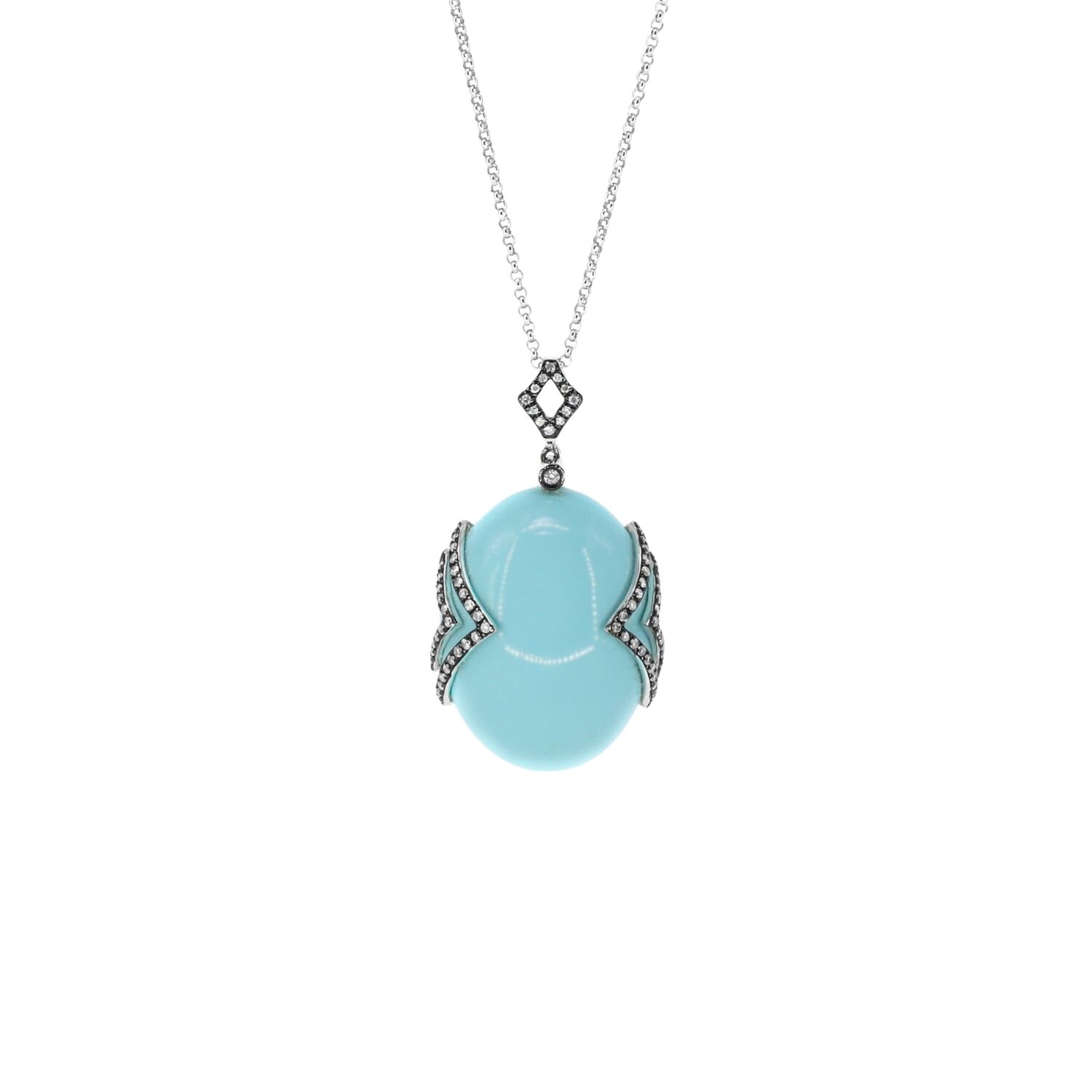 CADENA CON DIJE ORO BLANCO 14K, TURQUESA &amp; DIAMANTES