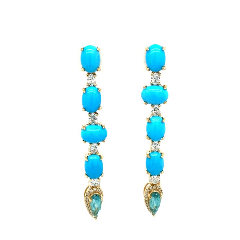 ARETES ORO AMARILLO LARGO TURQUESA Y DIAMANTES 14K