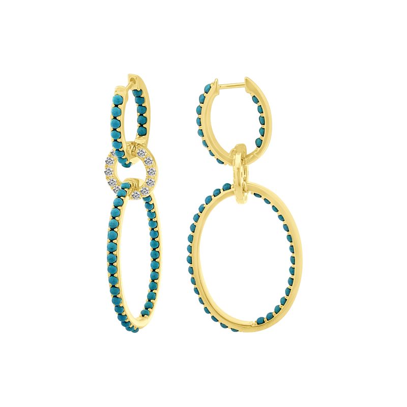 ARETES ORO AMARILLO LARGO TURQUESA DOBLE Y DIAMANTES 14K