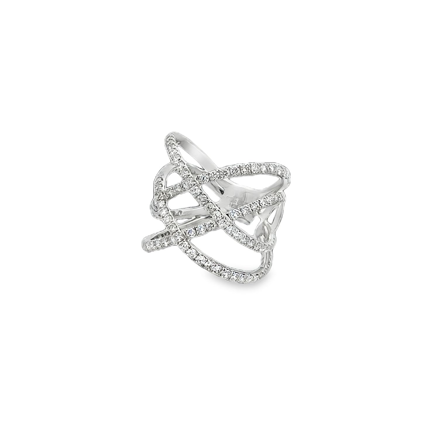 ANILLO ORO BLANCO CRUZADO VARIAS LINEAS DIAMANTES 14K