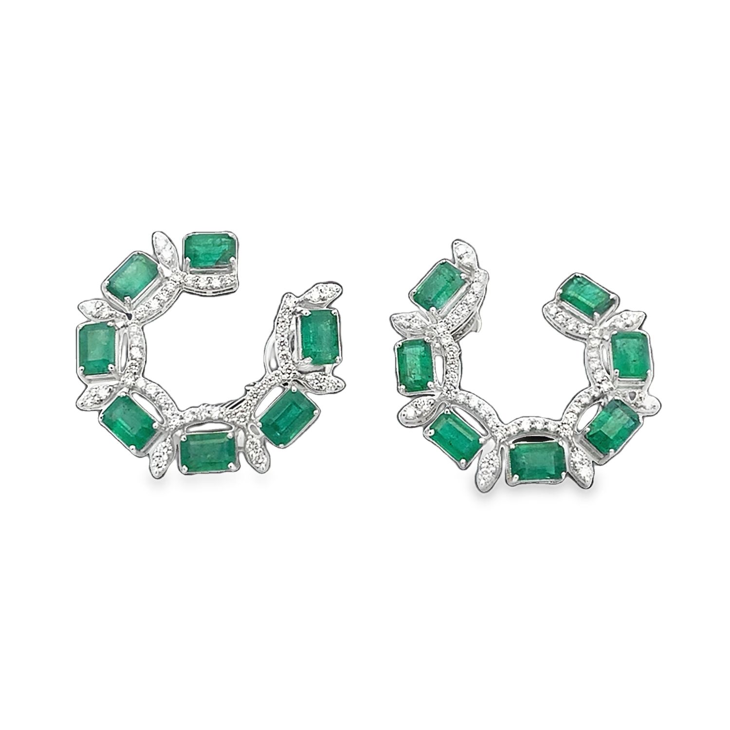 ARETES ORO BLANCO ESMERALDA DIAMANTES MODERNO REDONDO 18K