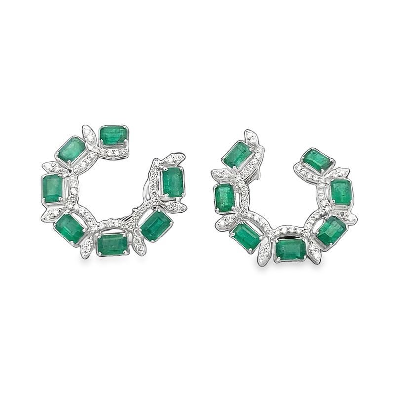 ARETES ORO BLANCO ESMERALDA DIAMANTES MODERNO REDONDO 18K