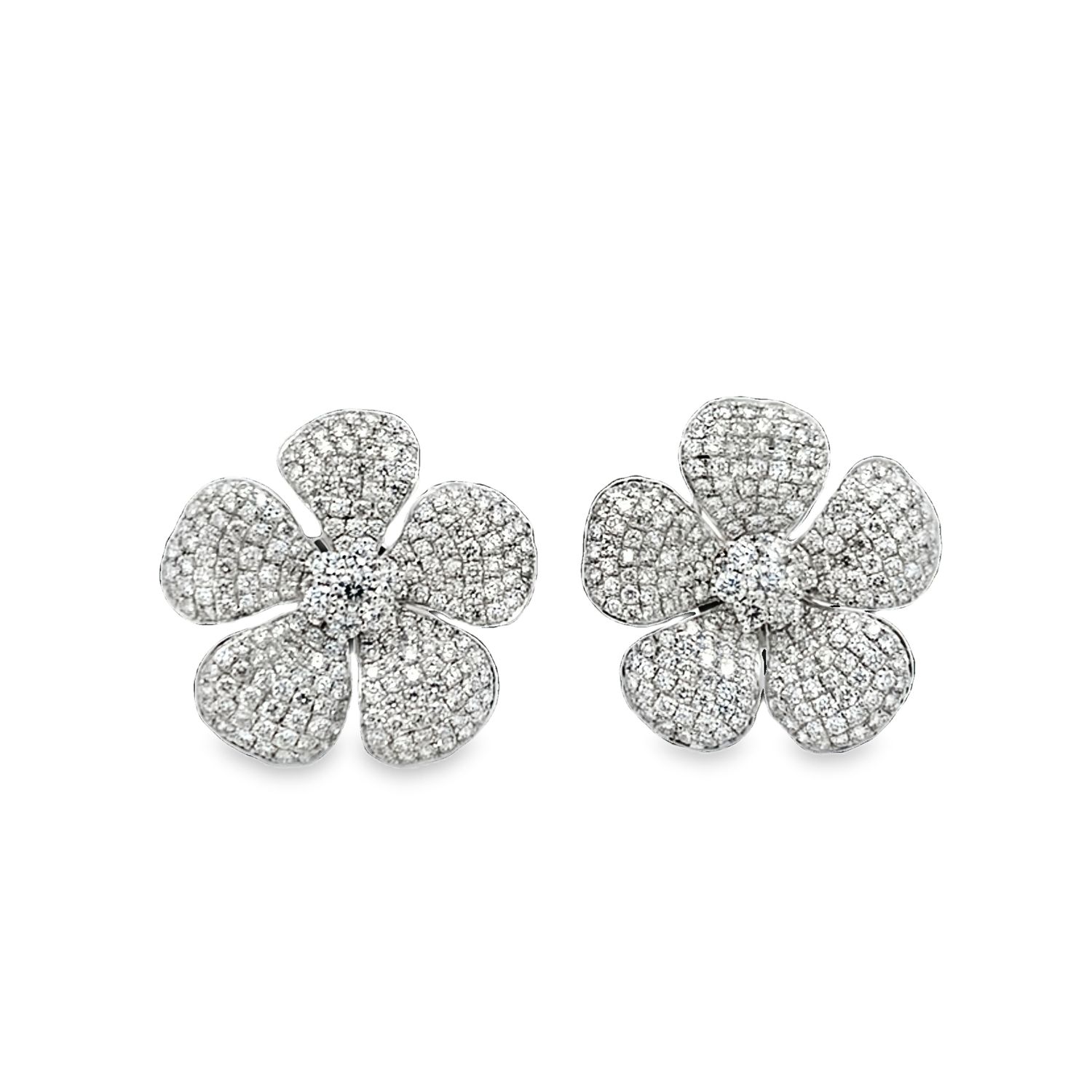 ARETES ORO BLANCO DORMILONA DIAMANTES FLOR GRANDE 14K D4.16