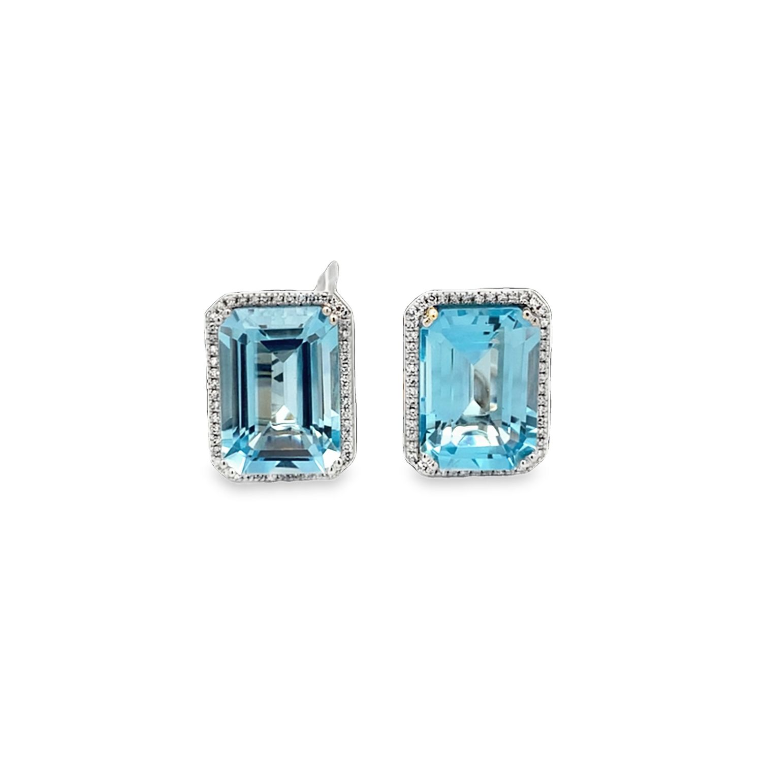 ARETES ORO BLANCO TOPACIO AZUL DIAMANTES PAVET RECTANGULAR 14K