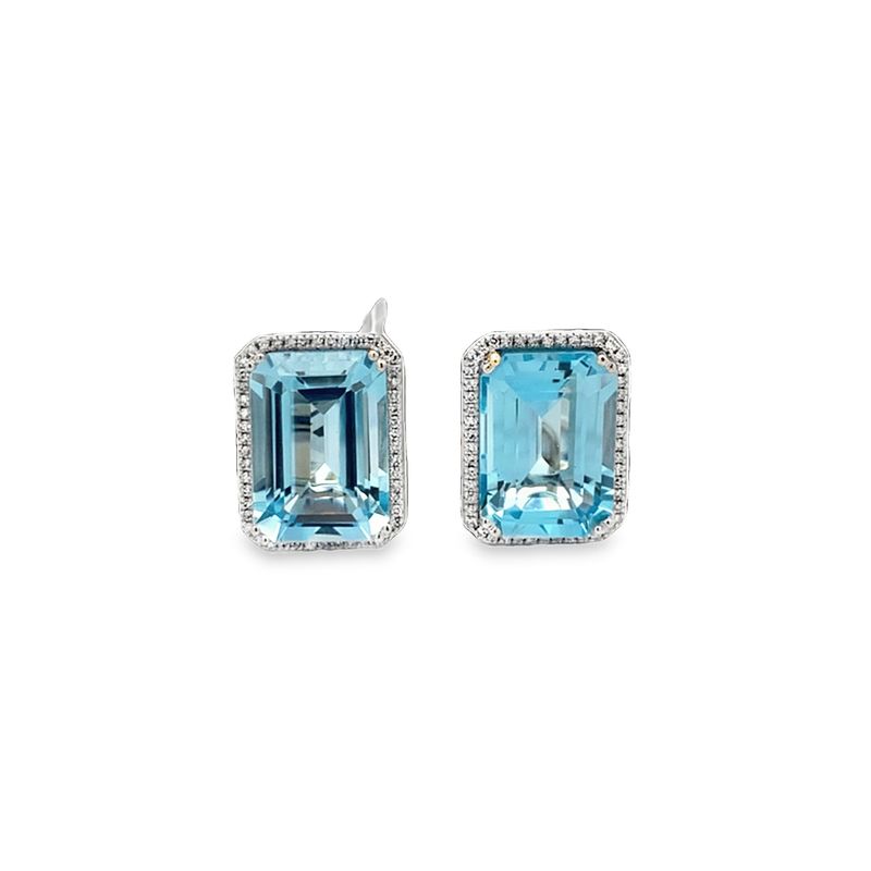 ARETES ORO BLANCO TOPACIO AZUL DIAMANTES PAVET RECTANGULAR 14K