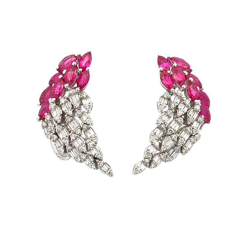 ARETES ORO BLANCO RUBI DIAMANTES MODERNO 18K D.46 R2.97