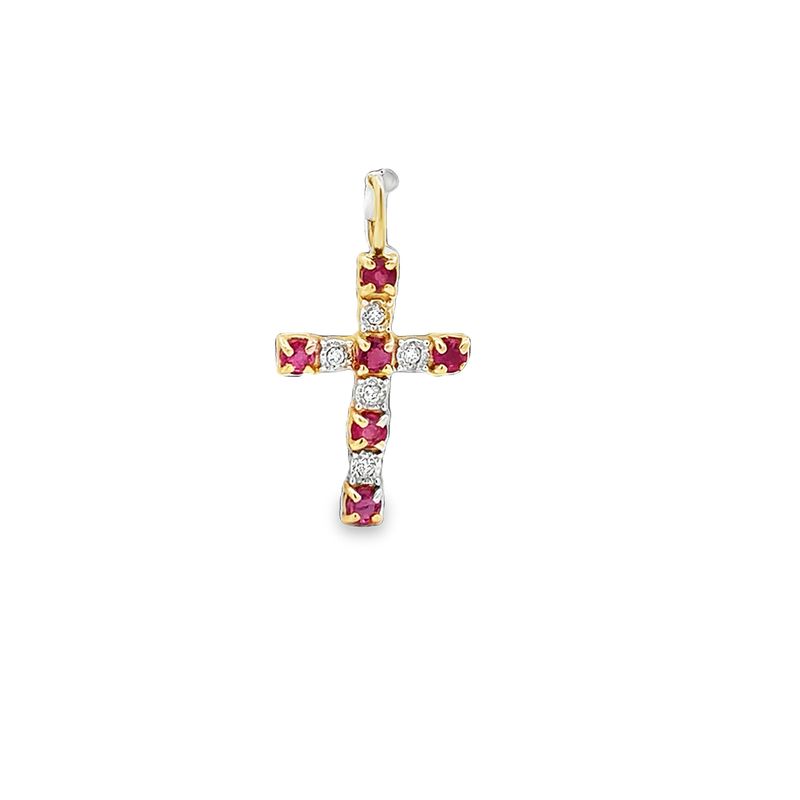 DIJE ORO AMARILLO RUBI DIAMANTES CRUCIFIJO PEQUEÑO 14K