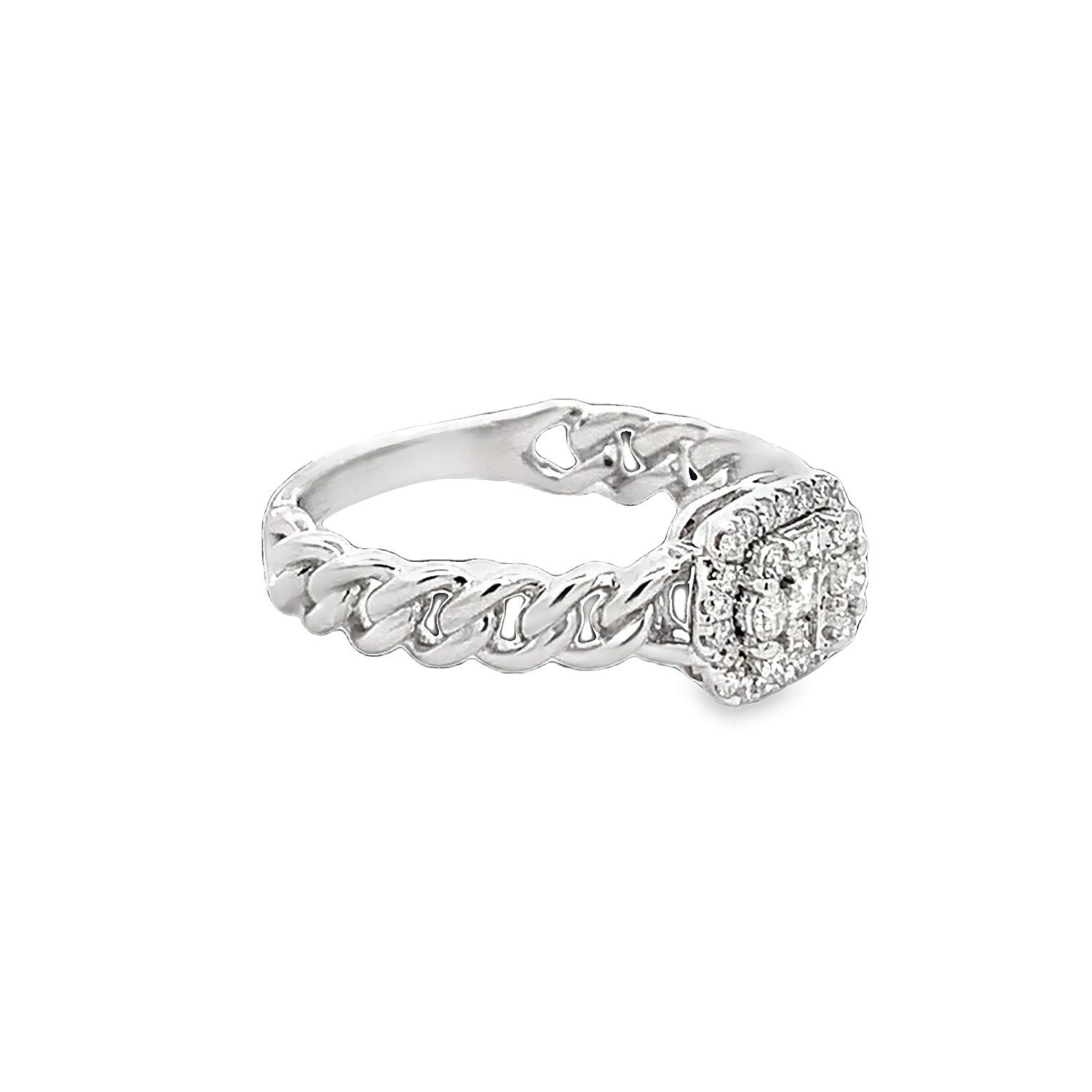 ANILLO ORO BLANCO DIAMANTES PAVET BAGUET CUADRADA CADENA 18K
