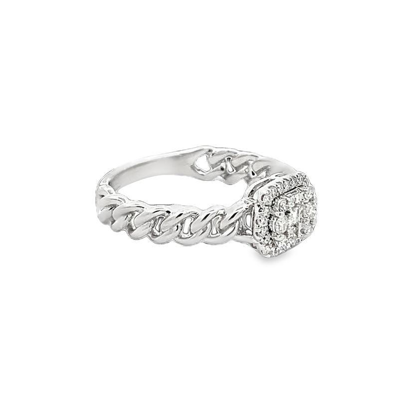 ANILLO ORO BLANCO DIAMANTES PAVET BAGUET CUADRADA CADENA 18K