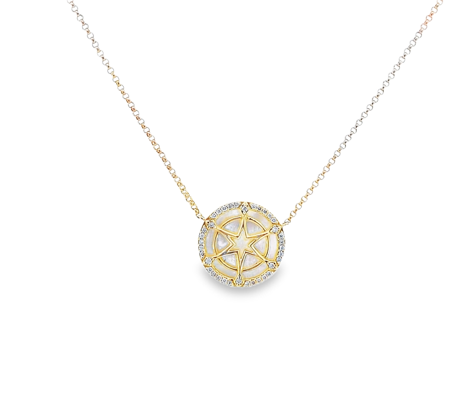 CADENA CON DIJE DE SOL MADRE PERLA Y DIAMANTES 14K