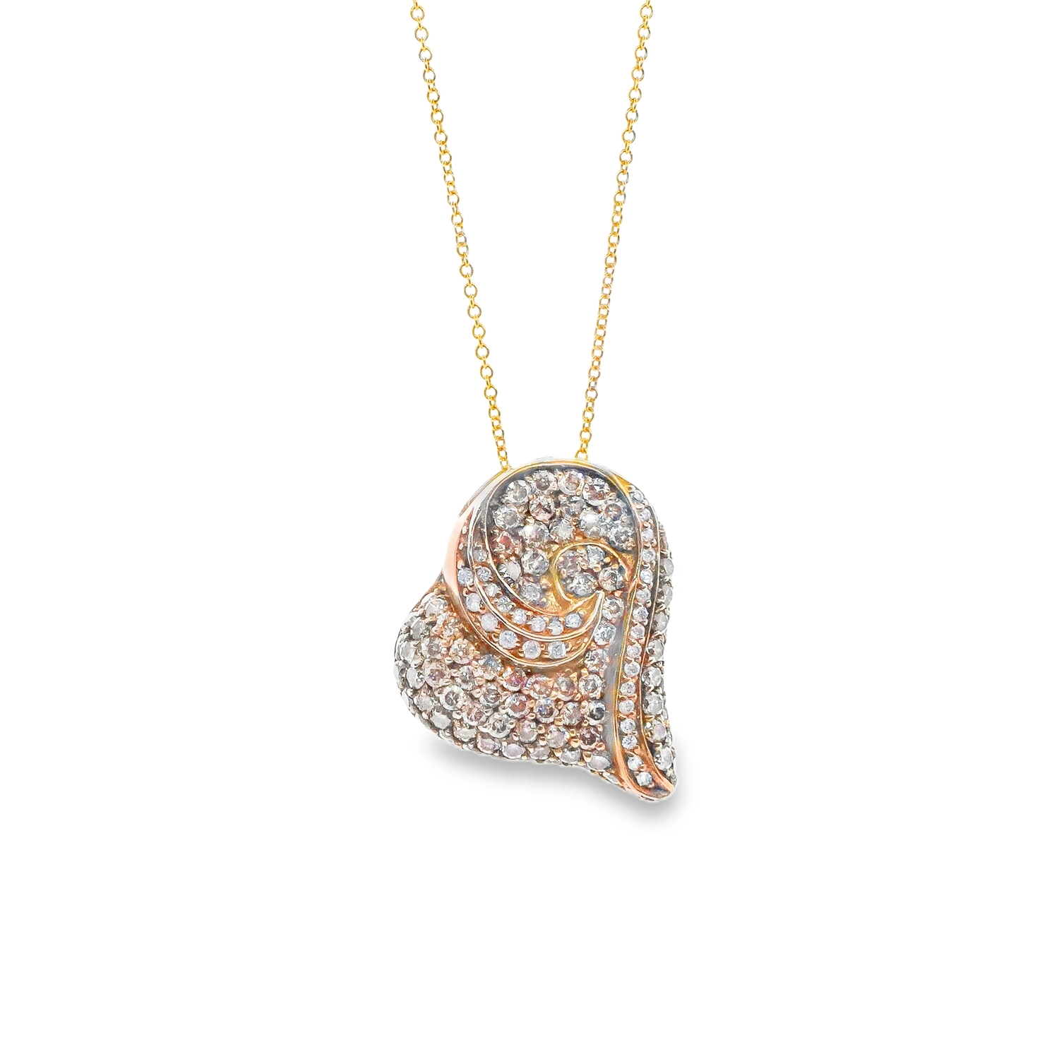 CADENA ORO ROSADO CON DIJE CORAZON DIAMANTES BLANCO Y MARRON 14K