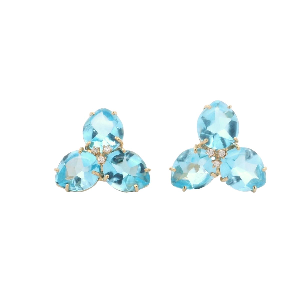 ARETES ORO AMARILLO  TOPACIO AZUL,DIAMANTES MAGNOLIA GRANDE 18K