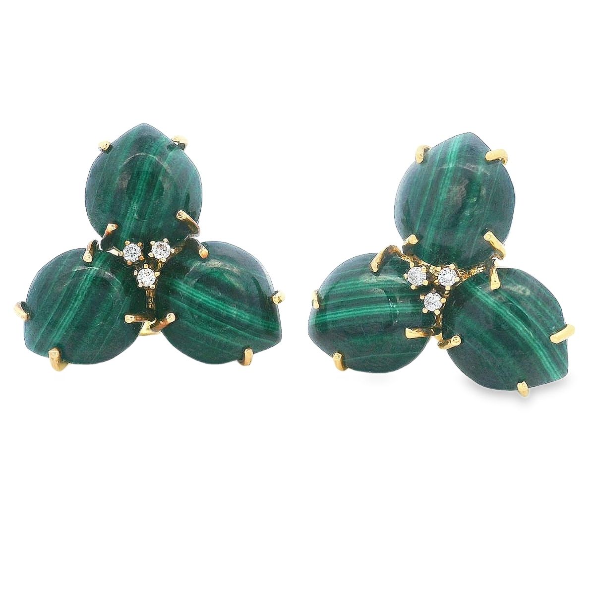 ARETES ORO AMARILLO MAGNOLIA MALAQUITA GRANDES 18K