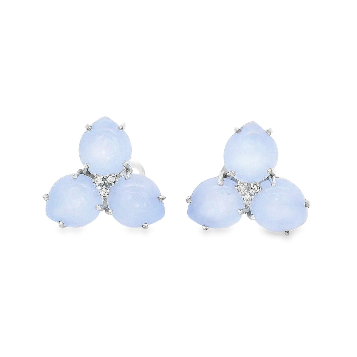ARETES ORO BLANCO  MAGNOLIA CALCEDONIA PEQUEÑOS 18K