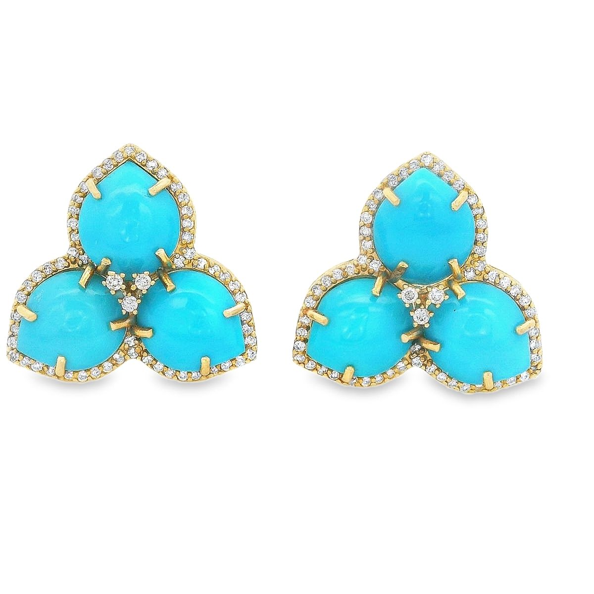 ARETES ORO AMARILLO  MAGNOLIA TURQUESA DIAMANTES GRANDES 18K