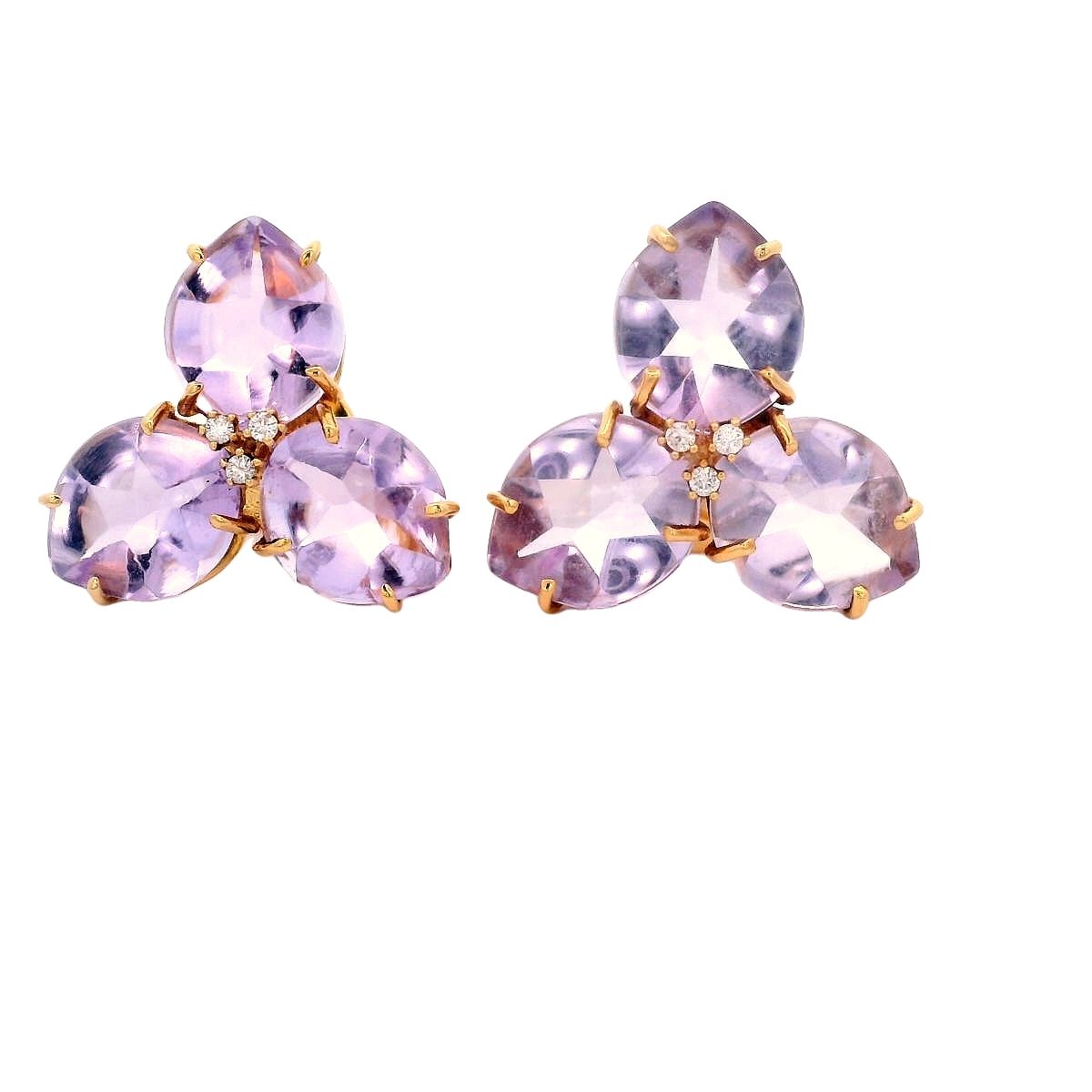 ARETES ORO AMARILLO MAGNOLIA AMATISTA ROSAD Y DIAMANTES GRANDE 18K