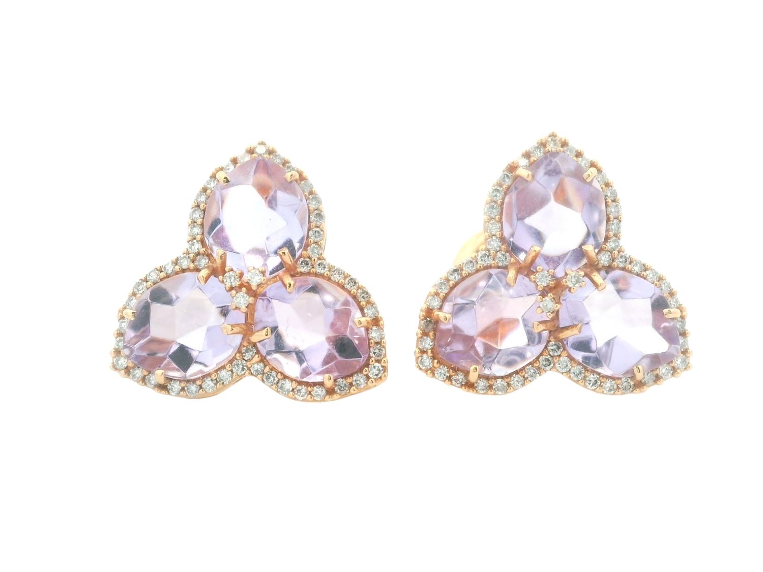 ARETES ORO ROSADO  AMATISTA ROSADA CON DIAMANTES 18K