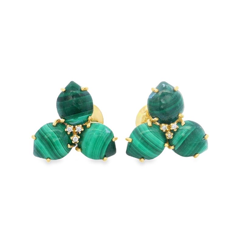ARETES  ORO AMARILLO MAGNOLIA MALAQUITA PEQUEÑOS 18K