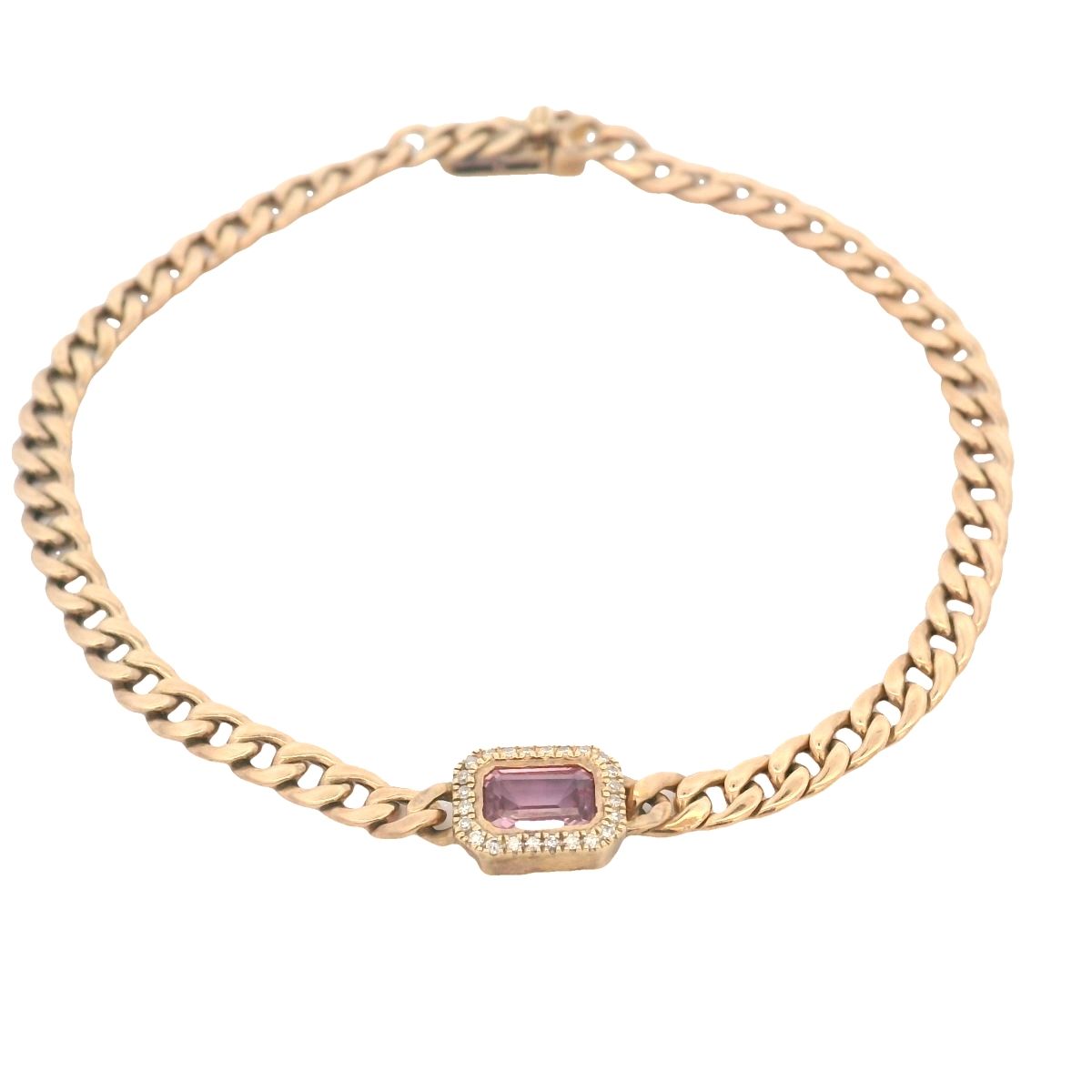 BRAZALETE ORO ROSADO 14K TEJIDO CUBANO CON ZAFIRO ROSADO Y DIAMANTES
