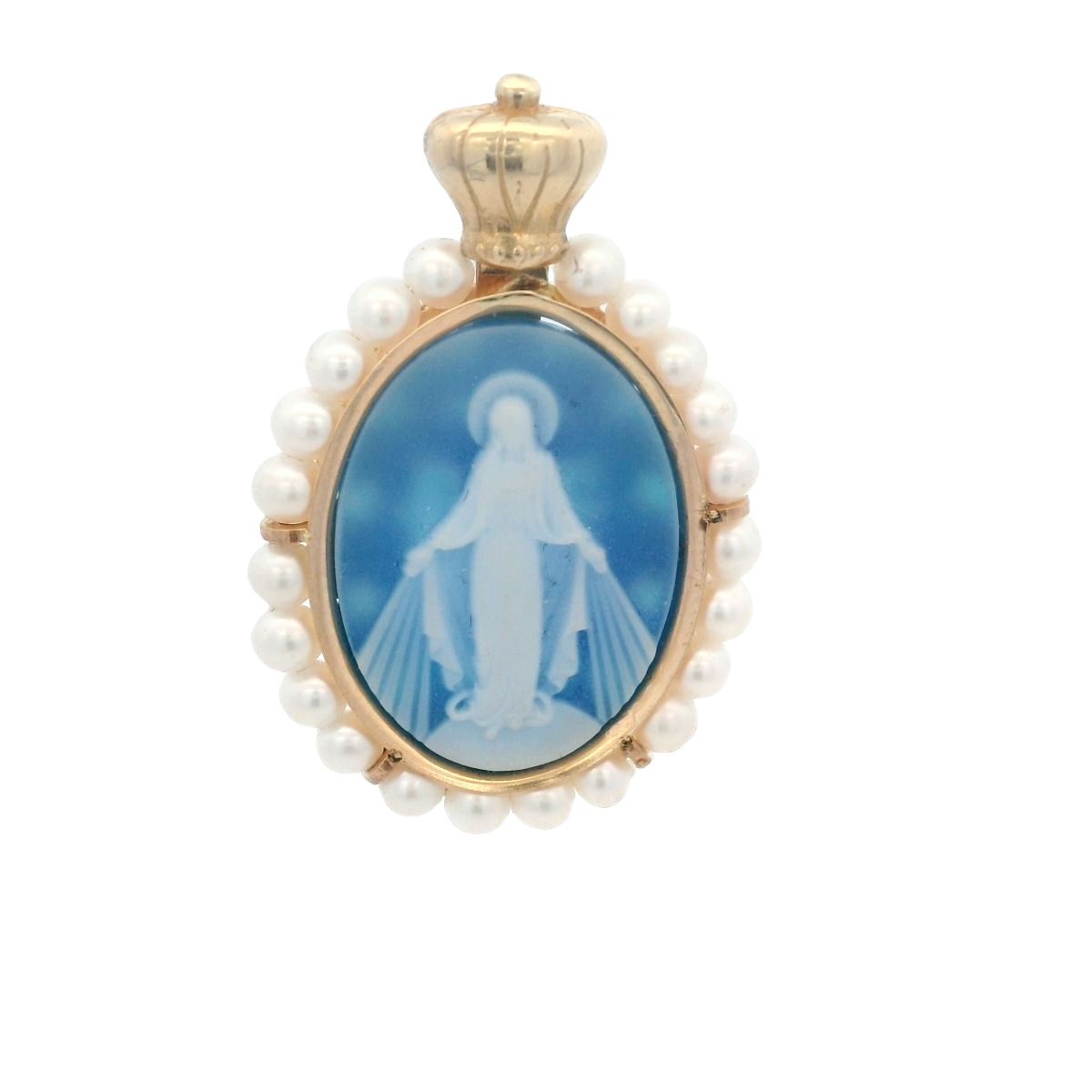 DIJE  ORO AMARILLO  MEDALLA IMPERIAL PERLA AGATHA AZUL MILAGROSA 14K