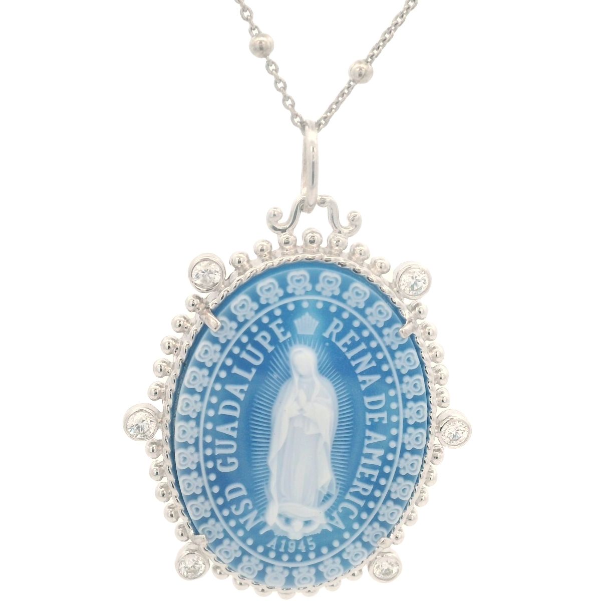 CADENA CON DIJE PLATA AGATHA AZUL VIRGEN DE GUADALUPE CIRCONIAS  GRANDE