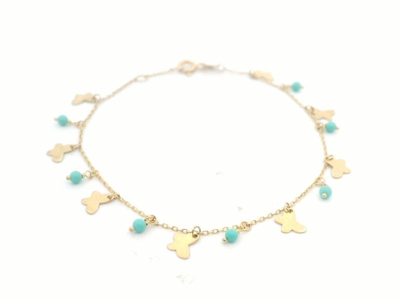 PULSA ORO AMARILLO MARIPOSAS Y TURQUESAS 14K