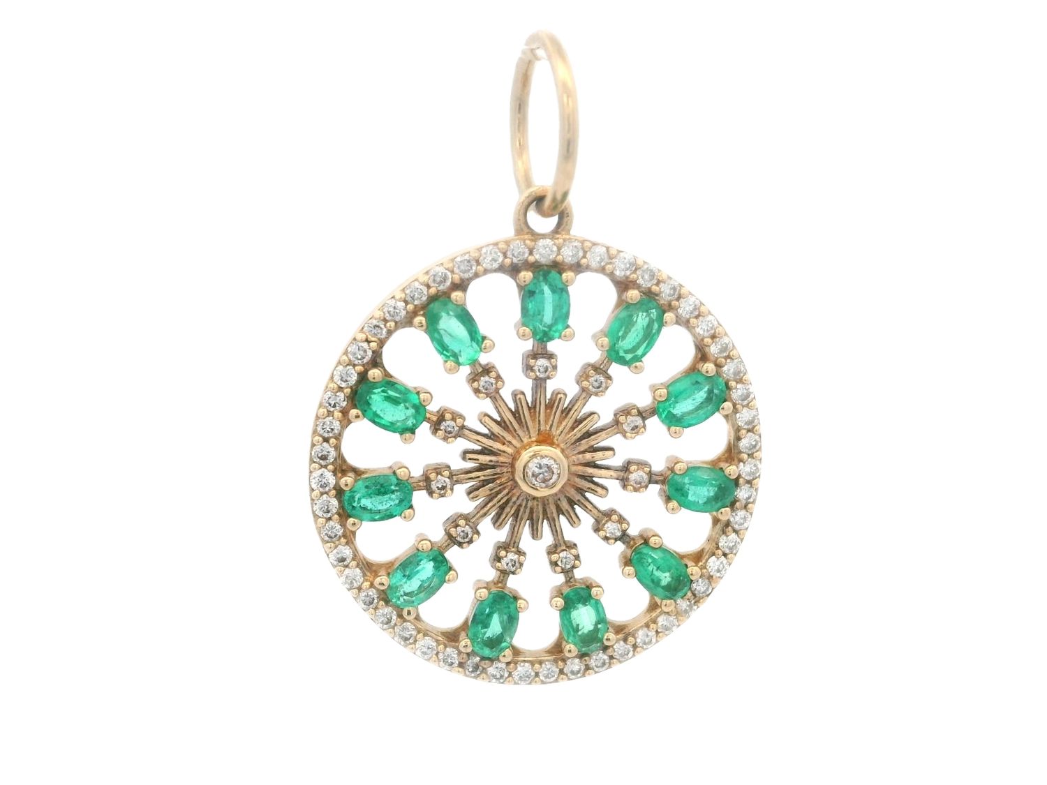 DIJE ORO AMARILLO  ESMERALDA Y DIAMANTES REDONDO 14K