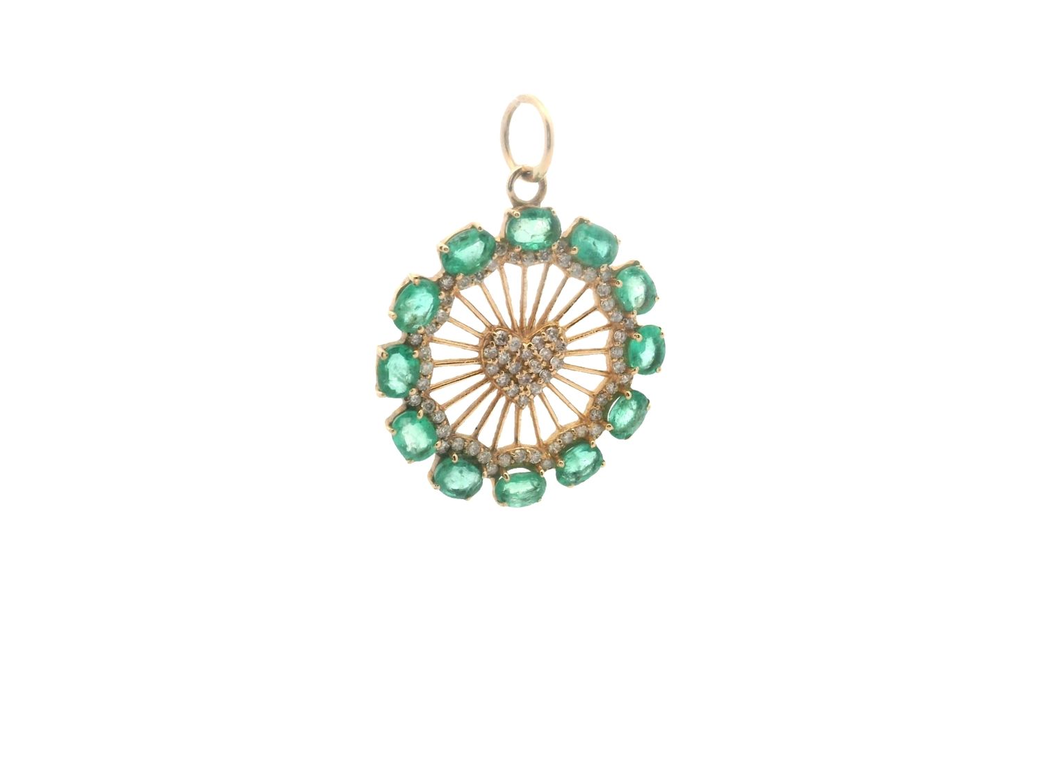 DIJE  ORO AMARILLO  REDONDO ESMERALDA Y DIAMANTES 14K