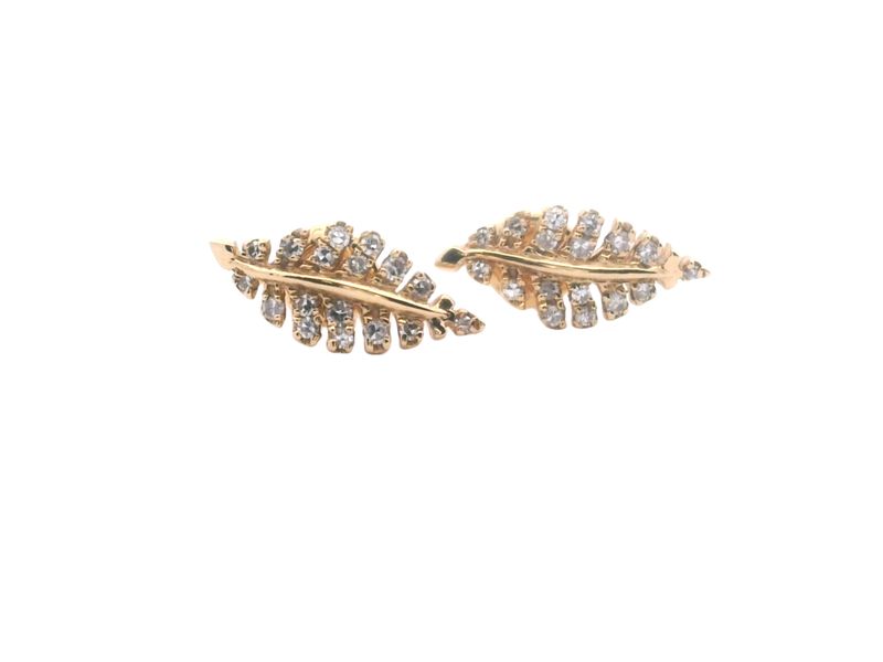 ARETES ORO AMARILLO DORMILONA DIAMANTES HOJA MINI 14K