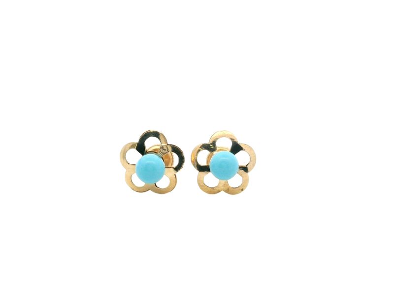ARETES ORO AMARILLO DORMILONA TURQUESA FLOR MEDIANO 18K