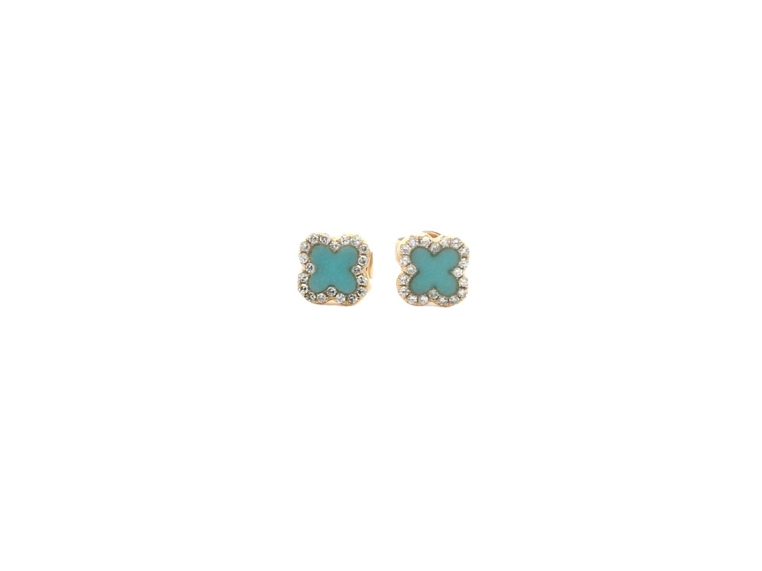 ARETES ORO AMRILLO FLOR TURQUESA Y DIAMANTES 14K