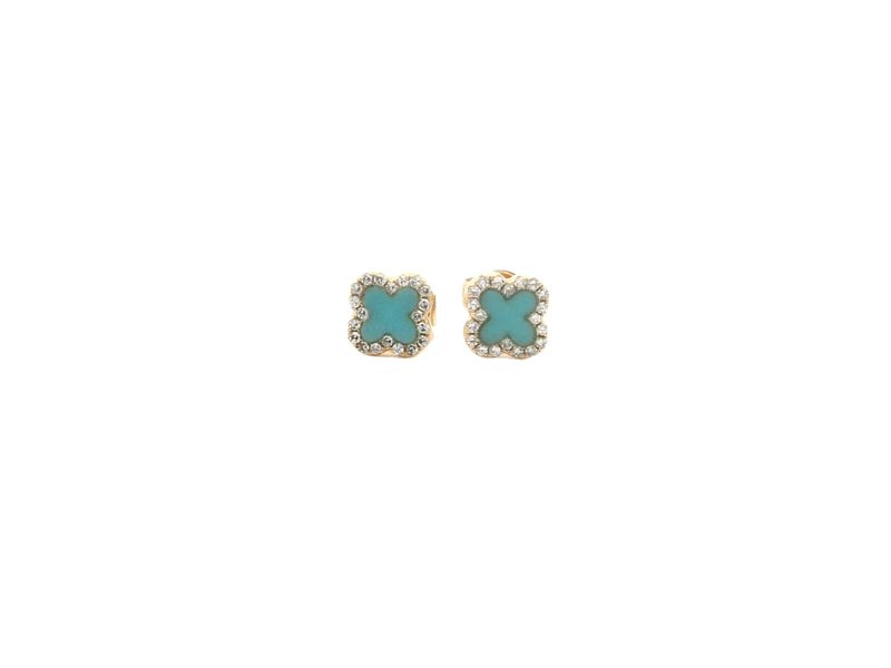 ARETES ORO AMRILLO FLOR TURQUESA Y DIAMANTES 14K