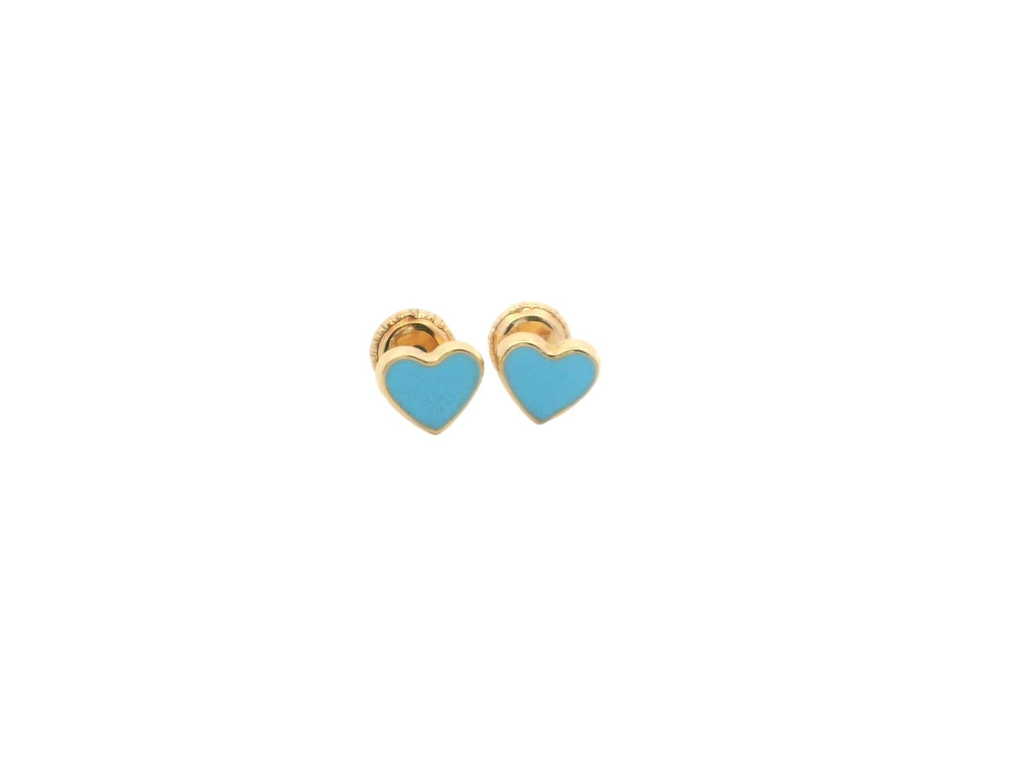 ARETES ORO AMARILLO DORMILONA CORAZON ESMALTADO AZUL 18K