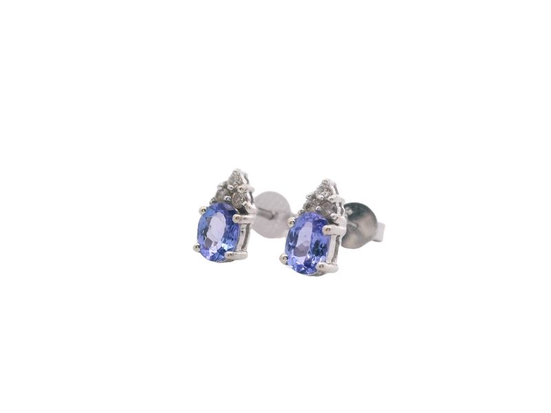 ARETE ORO BLANCO  DORMILONA TANZANITA Y DIAMANTES 14K
