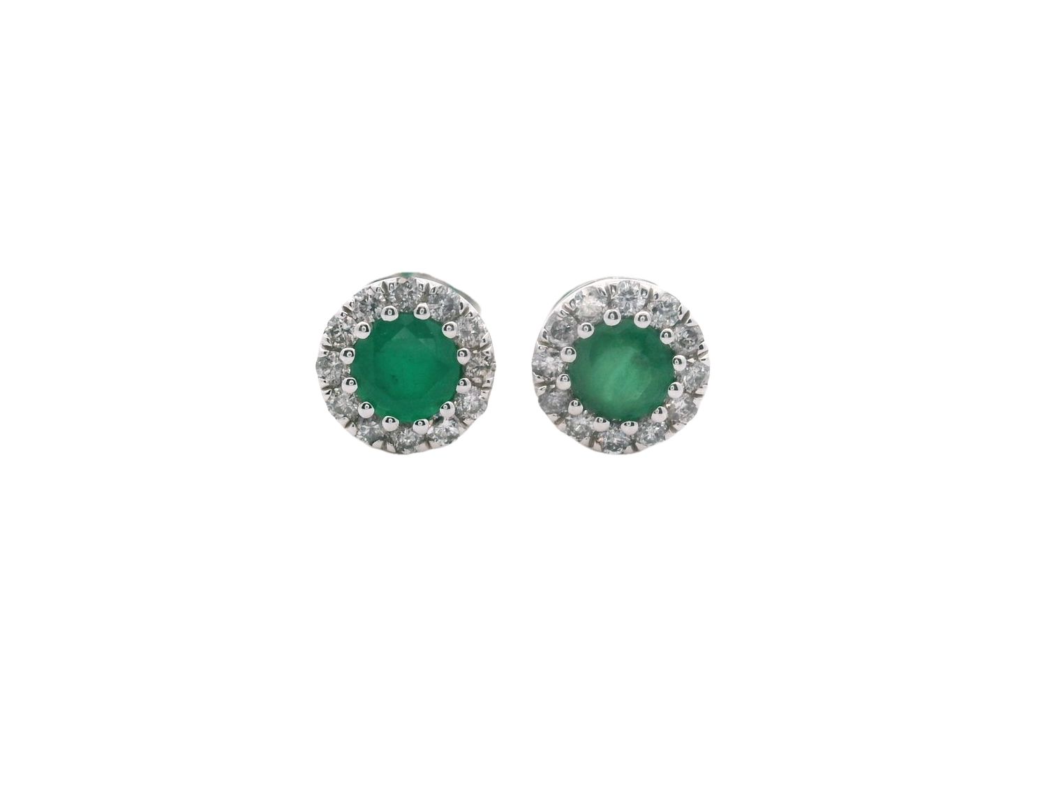 ARETES ORO BLANCO DORMILONA ESMERALDA DIAMANTES REDONDO PEQUEÑO 14K