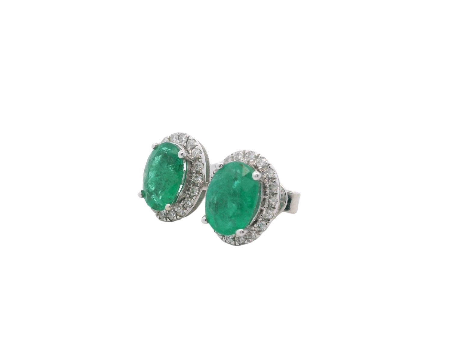 ARETES ORO BLANCO DORMILONA ESMERALDA Y DIAMANTES 14K