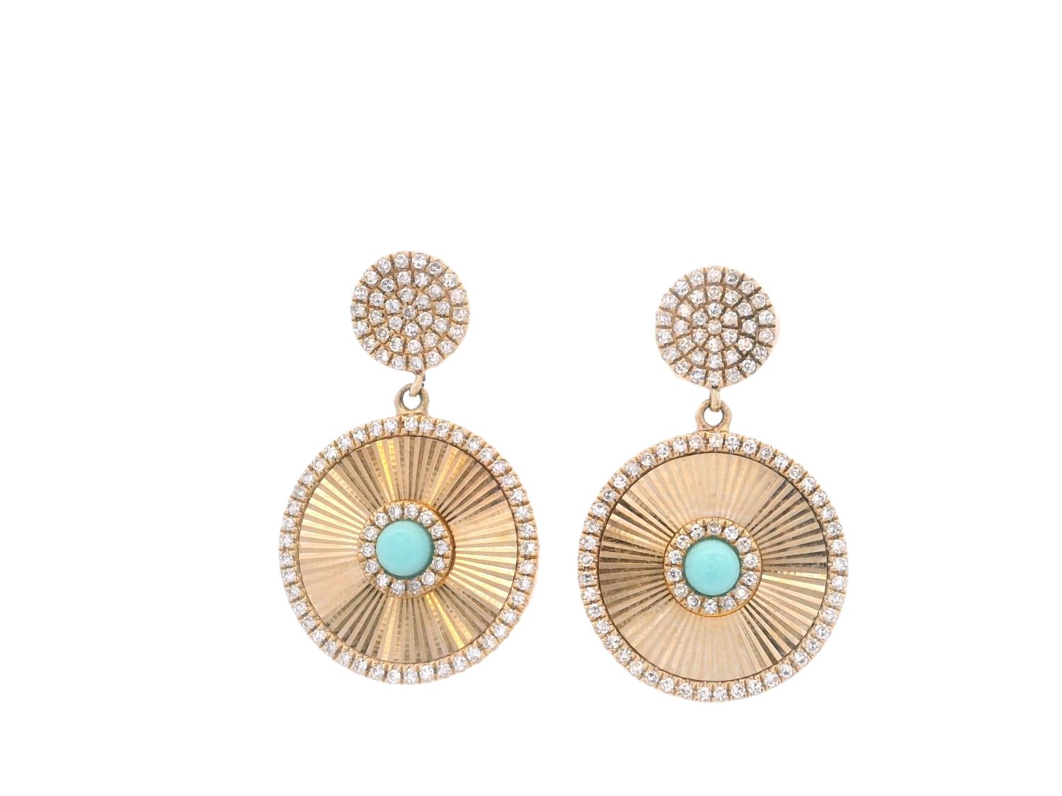 ARETES ORO AMARILLO TURQUESA DIAMANTES REDODNO LARGO 14K D.42