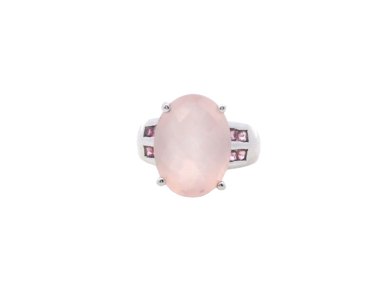 ANILLO ORO BLANCO CUARZO Y SAFIRO ROSADO 14K