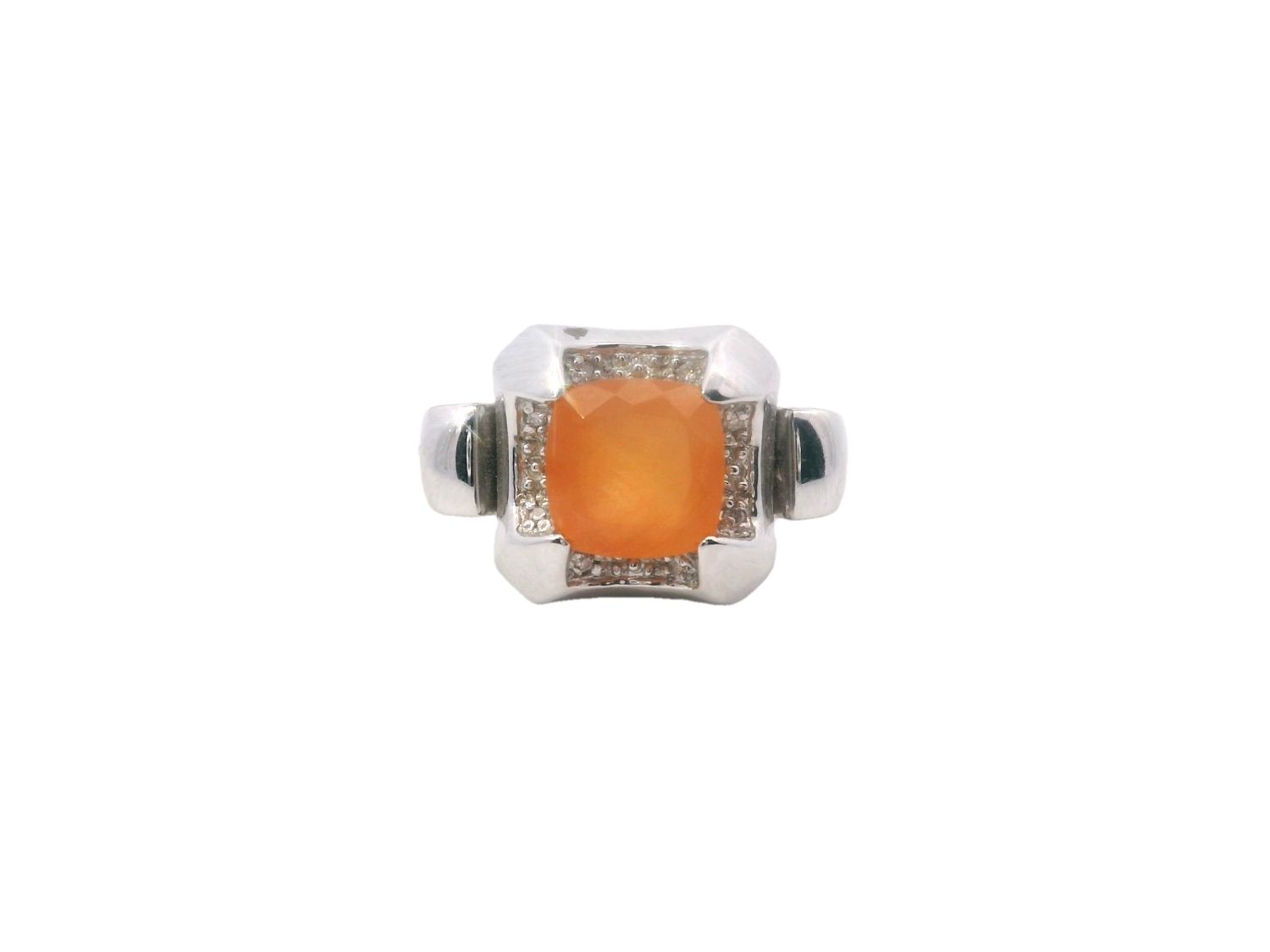 ANILLO ORO BLANCO  CALCEDONIA NARANJA Y DIAMANTES 14K