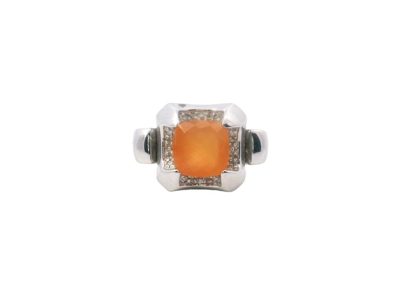 ANILLO ORO BLANCO  CALCEDONIA NARANJA Y DIAMANTES 14K