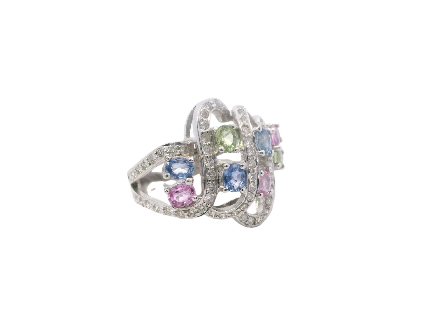 ANILLO ORO  BLANCO  ZAFIROS  ROSA, AZUL Y VERDE CON DIAMANTES 18K