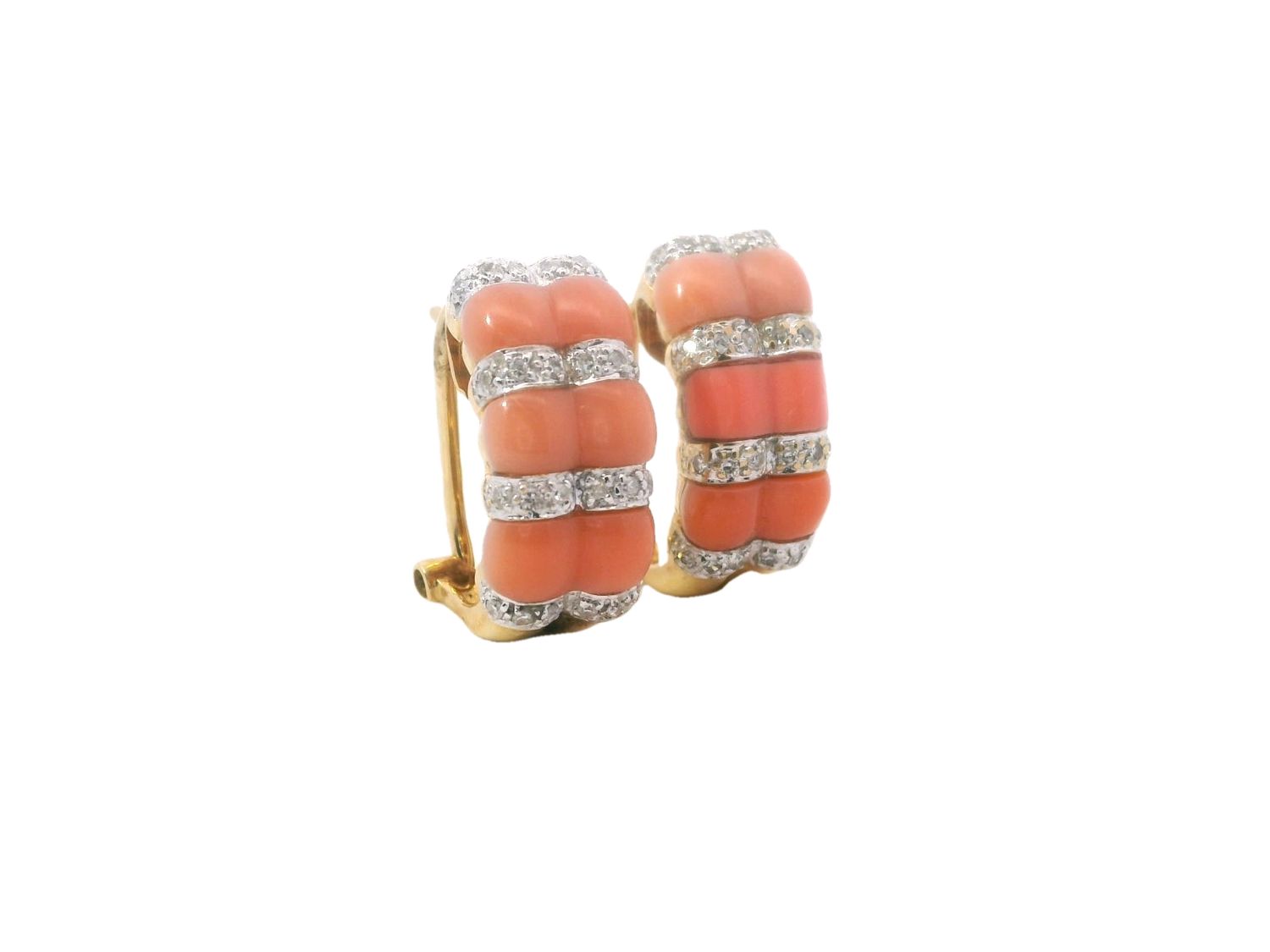 ARETES  ORO AMARILLO  CORAL ROSA Y DIAMANTES D.24 14K