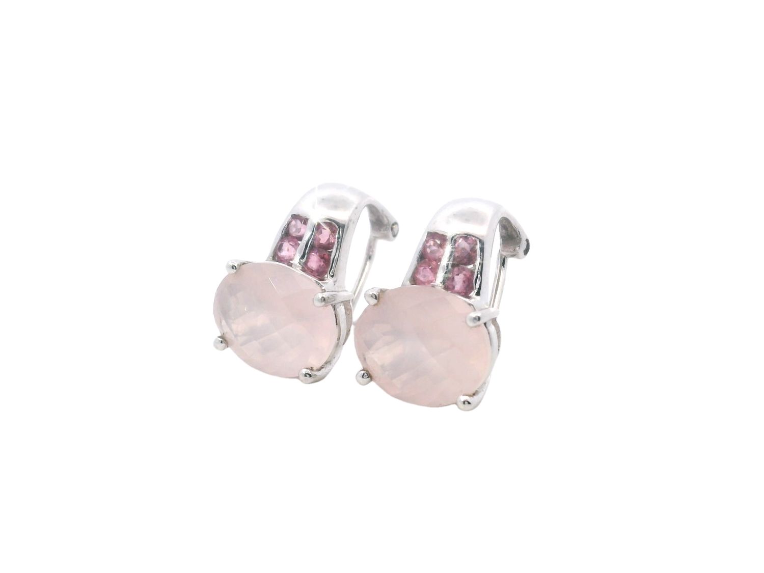 ARETES ORO  BLANCO  CUARZO ROSADO,SAFIRO ROSADO 14K