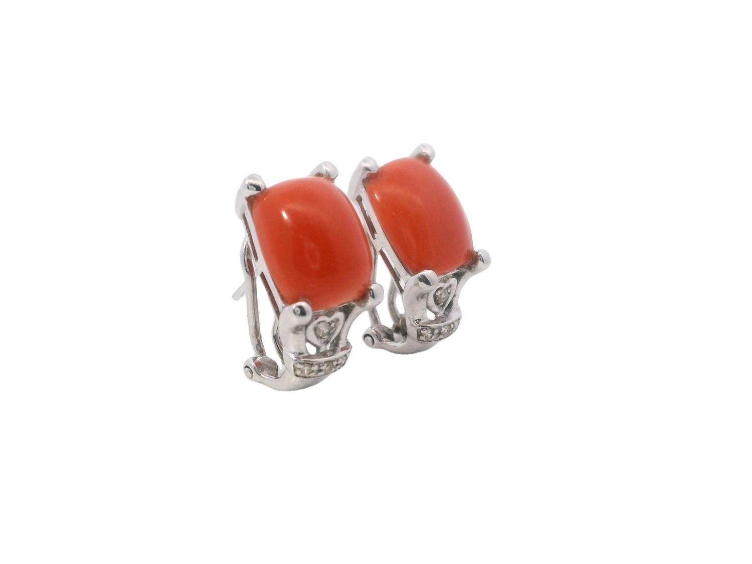 ARETES ORO  BLANCO  CORAL DIAMANTES 14K