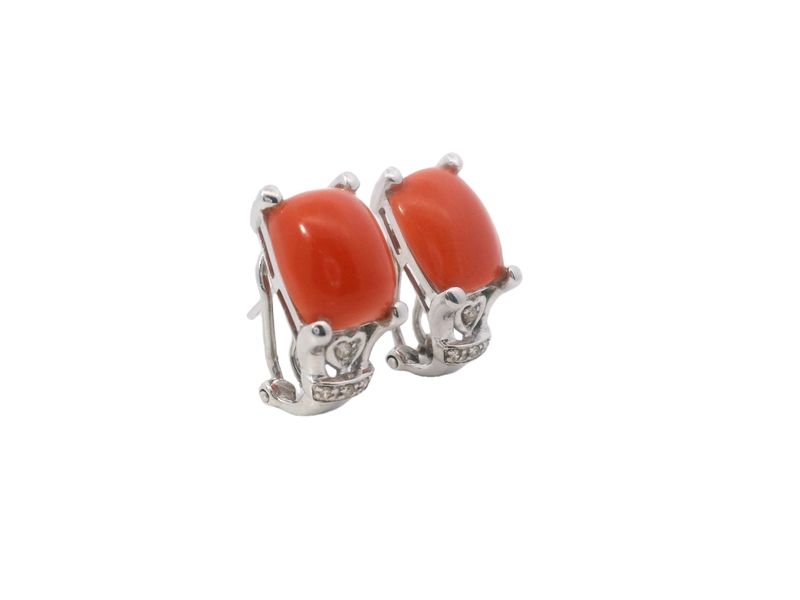 ARETES ORO  BLANCO  CORAL DIAMANTES 14K