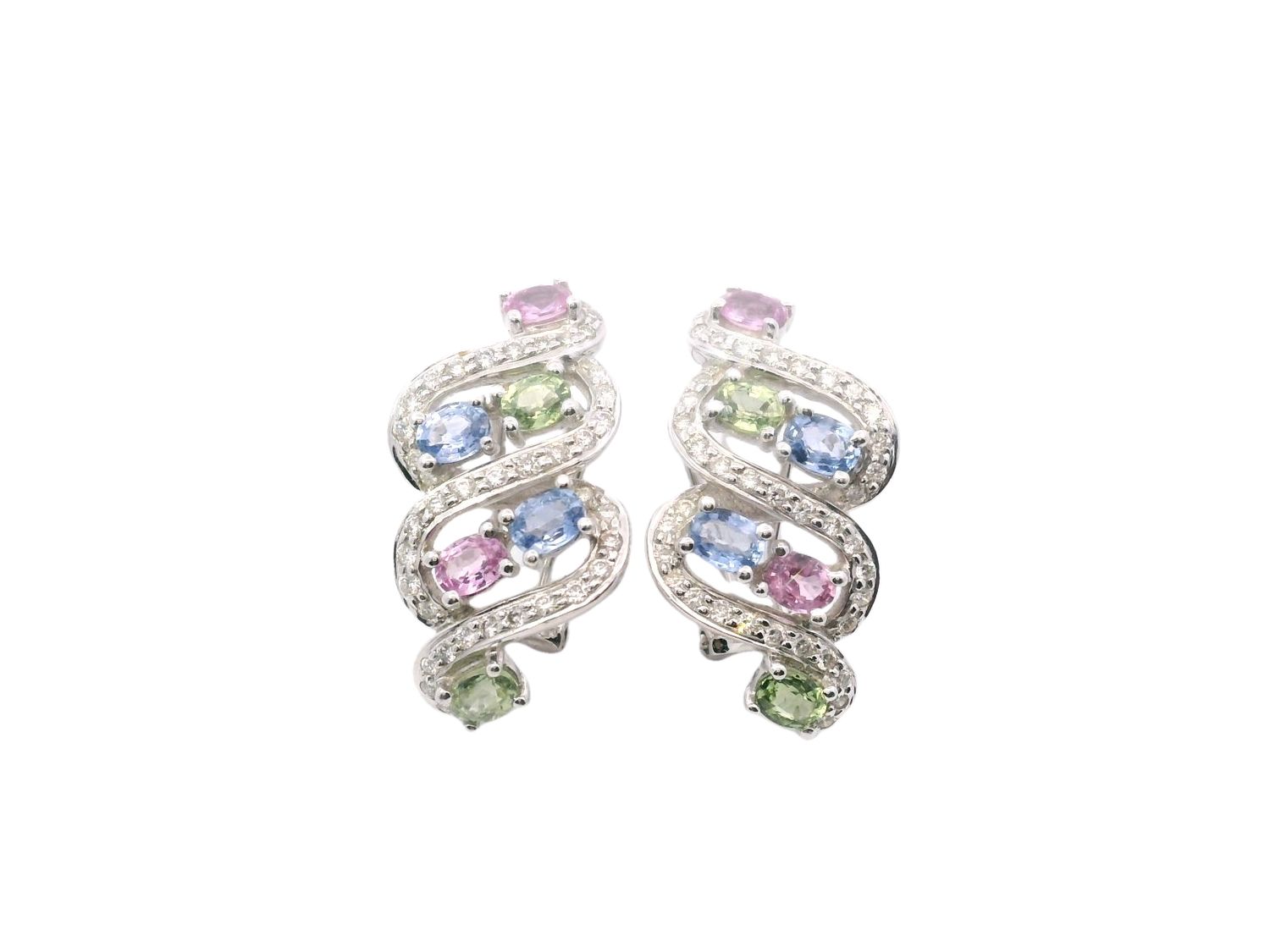 ARETES ORO BLANCO 18K ZAFIROS DE COLORES Y  DIAMANTES