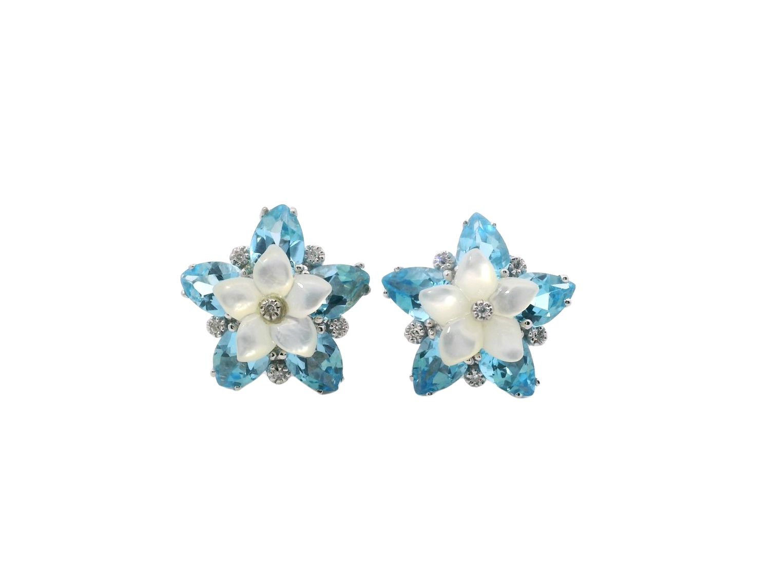 ARETES ORO BLANCO LARGOS DISEÑO FLOR TOPACIO AZUL Y NACAR