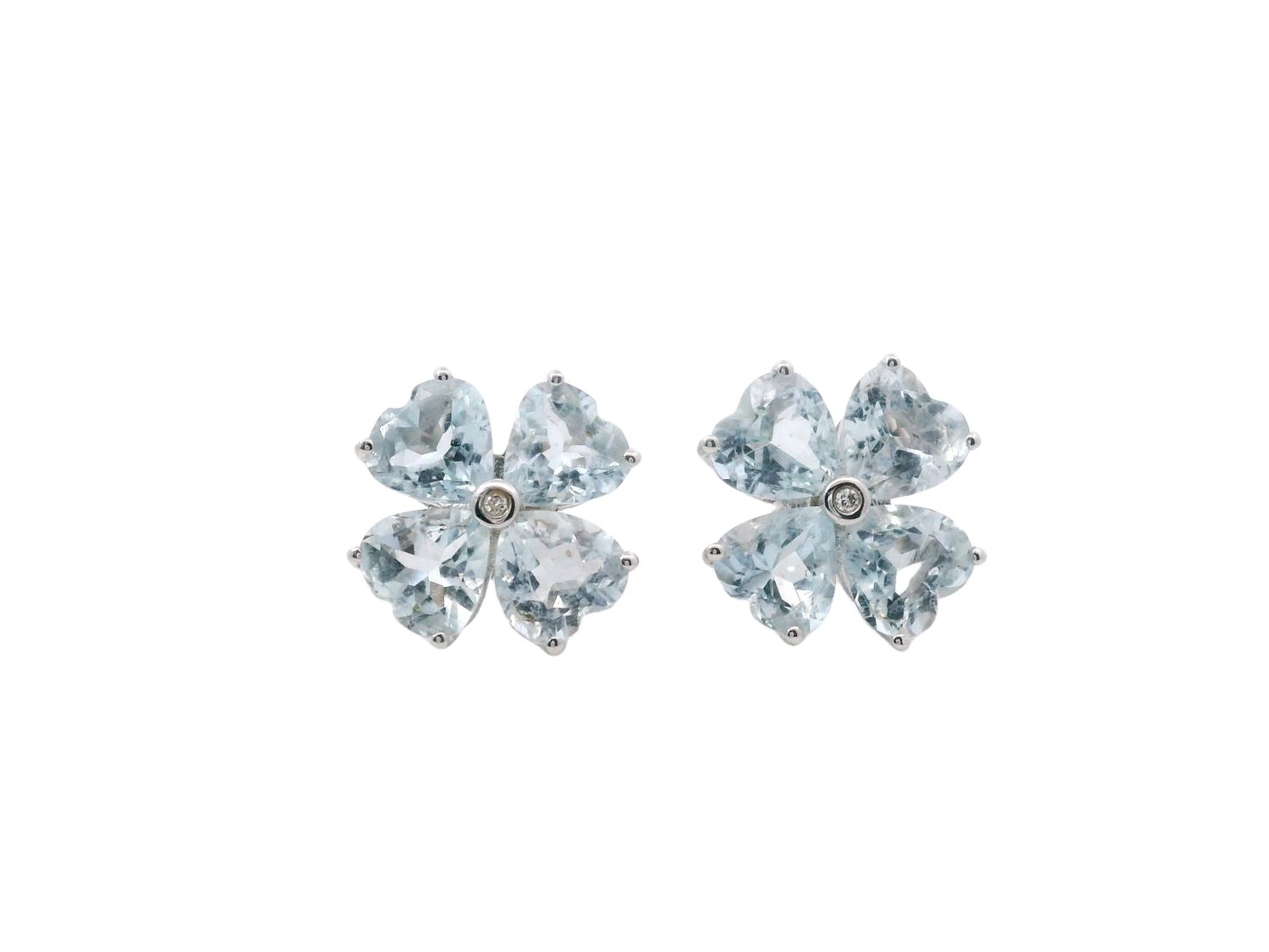 ARETES  ORO BLANCO FLOR AGUAMARINA Y DIAMANTES 18K