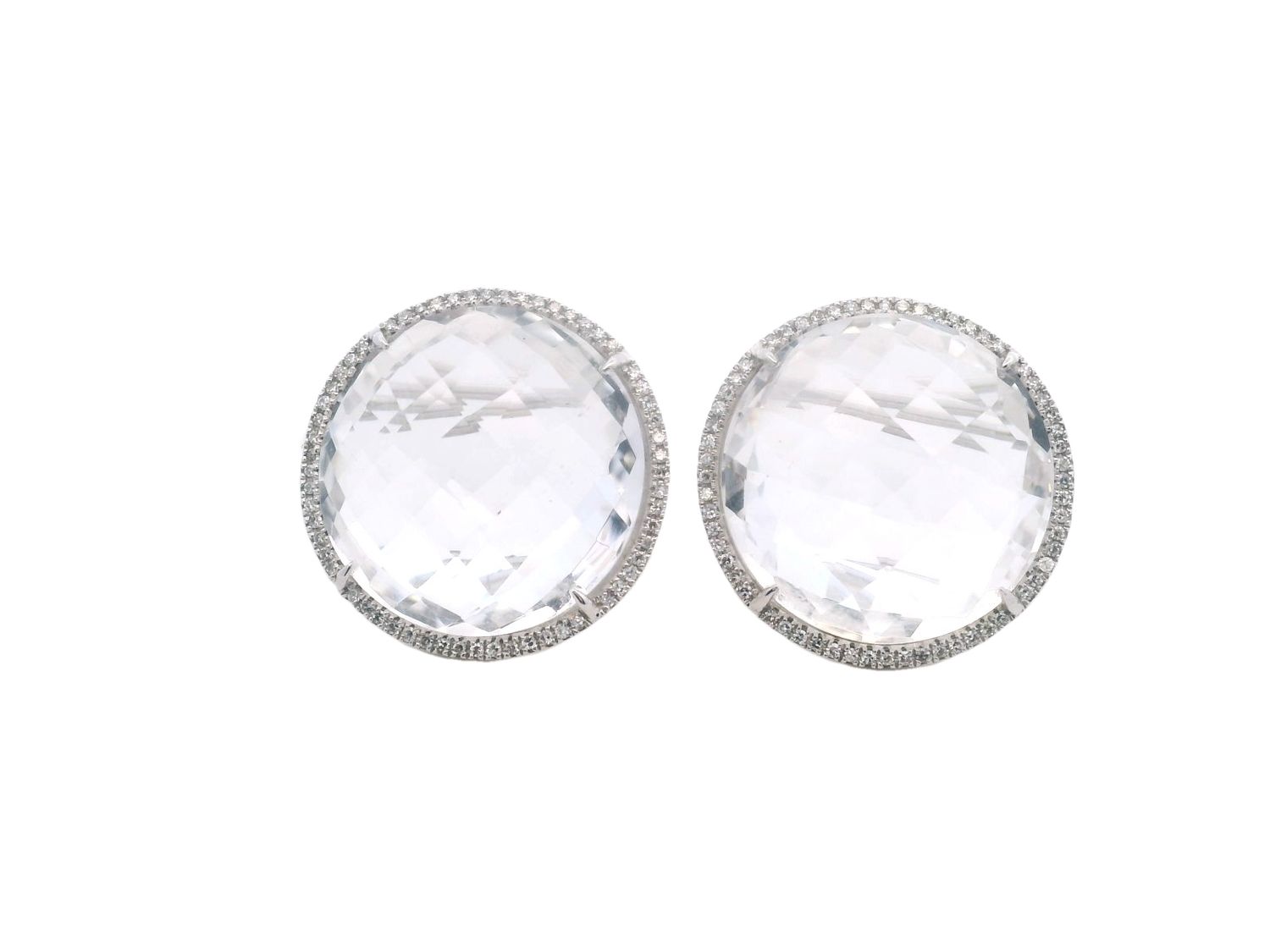 ARETES ORO  BLANCO  CUARZO CLEAR Y DIAMANTES REDONDO GRANDE 14K