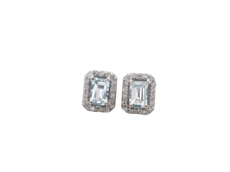 ARETES  ORO BLANCO DORMILONA AGUAMARINA Y DIAMANTES CUADRADA 14K   D 0.27CT  AQ 1.07CT